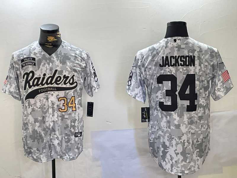 Mens Las Vegas Raiders #34 Bo Jackson 2024 Arctic Camo Salute To Service Stitched Baseball Jerseys